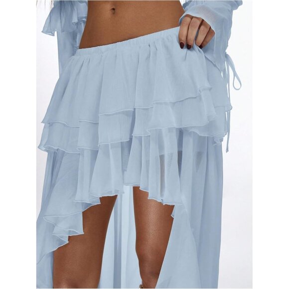Women Light Blue Boho Layered Ruffle Chiffon Elastic Western Asymmetrical Skirts - Picture 4 of 5
